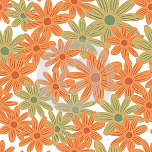 Summer season seamless pattern with orange and beige random flowers daisy shapes. Isolated backdrop