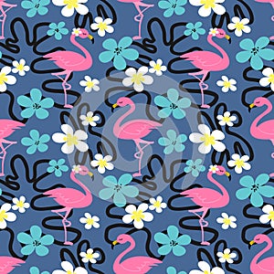 Summer season seamless pattern of Pink flamingo with cute flowers