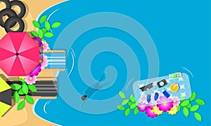 Summer season. top view chairs flowers swim ring sunglass on beach and man swimming in the blue sky sea holiday. vector