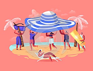 Summer Season, Vacation Concept. Tiny People Carry Huge Tropical Hat Enjoying Summertime Holidays, Relaxing on Beach