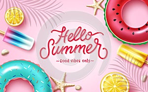 Summer season vector background design. Hello summer text with tropical season elements of floaters, popsicle and lemon fruit.