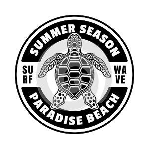 Summer season vector vintage emblem, label, badge or logo with sea turtle top view. Illustration in monochrome style