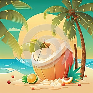 Summer season wallpaper with beach, coconut water, sport, sunshade, sand, sun, waves, coconut, coconut trees, generative ai