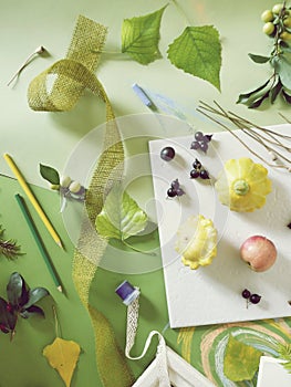 Summer seasonal composition of fruits, vegetables, flowers on a white plate and green tinted paper