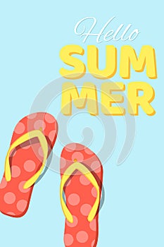 Summer seasonal poster. Beach flip flops on a blue background. Cartoon flat style. Bathing season. Vector illustration