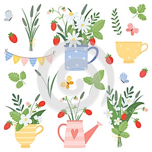 Summer set with cups, watering can bouquets, chamomile, strawberry, butterflies in flat cartoon style.