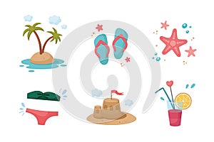 Summer Set. Cute summer icons collection. Summertime elements. Beach holidays elements.