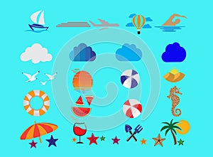 Summer set icons and flying seagulls in the sea and sun for logo design illustration