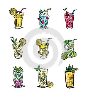 Summer set with lemonade. Hand drawn vector illustration is sketch style. Isolated on white background