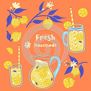 Summer set of lemonade and lemons. Vector image