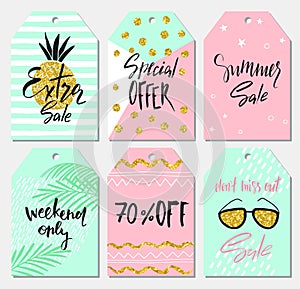 Summer set of sale and gift tags, labels with cute hand drawn design elements, handwritten lettering and textures. Vector illustra