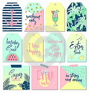 Summer set of sale and gift tags, labels with cute hand drawn design elements, handwritten lettering and textures. Vector illustra