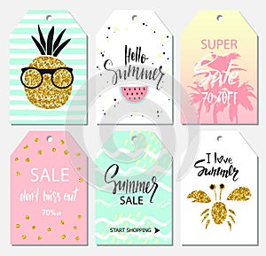 Summer set of sale and gift tags, labels with cute hand drawn design elements, handwritten lettering and textures. Vector illustra