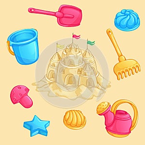 Summer set of sand toys and a large sand castle with towers and flags.