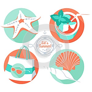 Summer set: starfish, shells, beach bag, sunglasses, tropical co