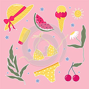 Summer set of stickers : watermelon, hat, swimsuit, cherry, sunscreen, chamomile, palm branch, sun and sweet ice cream. Bright