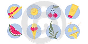 Summer set of stickers : watermelon, hat, swimsuit, cherry, sunscreen, , palm branch, sun and sweet ice cream. Bright summer set