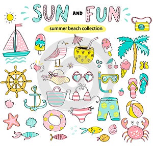 Summer set of sun and fun hand drawn elements.