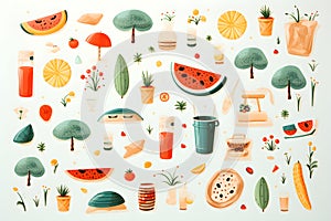 Summer set with tropical fruits, drinks, tree, leaves on beige background. Illustration for fabric pattern, print background