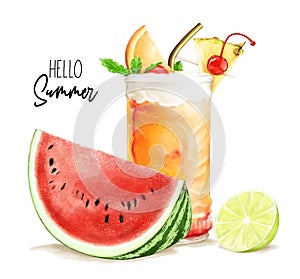 Summer set with watermelon, cocktail and lemon. Fresh summer cocktail with straw. Glass of pineapple soda drink.