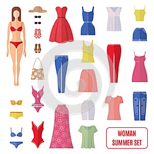 Summer set of women clothes icons in flat style.