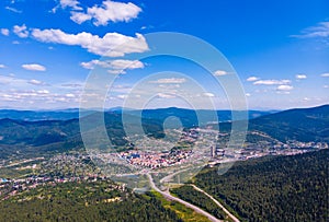 Summer Sheregesh Kemerovo region, Russia, panorama of Mount Zelenaya and Mustag. Aerial top view