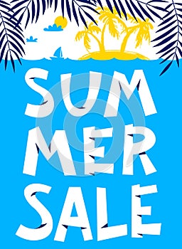 Summer shopping background. Summer sale lettering. Seasonal placard with beach landscape