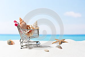 Summer shopping. Business and selling on beach. Cart on white sand