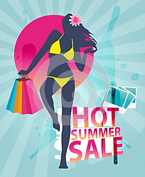 Summer shopping sale banner with fashion girl silh