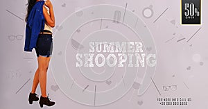 ` Summer Shopping` Young girl posing on summer shopping promotional banner templates.