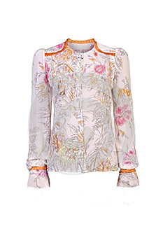 Summer silk blouse with floral pattern on a white background.