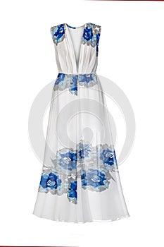 Summer silk floral dress on a white background. Studio shot