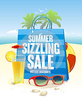 Summer sizzling sale with blue shopping bag on a beach backdrop with palms photo