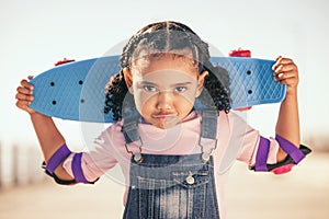 Summer, skateboard and portrait of girl at beach promenade for sports, attitude and training. Wellness, skater and comic