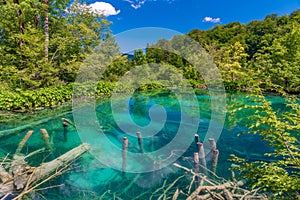 Summer sky reflected on water at Plitvice lakes national park in Croatia