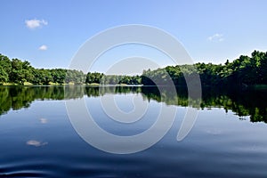 Summer sky and trees reflected in lake water