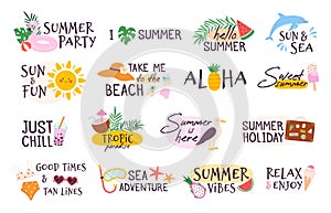 Summer slogan, sun, ice cream, watermelon and swimsuit logo. Tropic beach vacation, sea holiday, summer party and travel