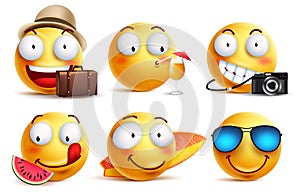 Summer smileys vector set with facial expressions. Yellow smiley face emoticons