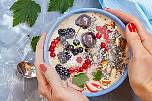 Summer smoothie bowl with berries, coconut and chia seeds