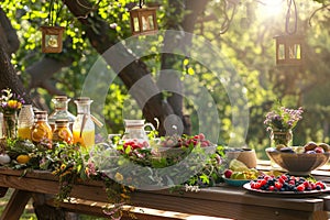 Summer solstice celebration on a wooden picnic table with wildflower garlands, seasonal fruits, and lanterns
