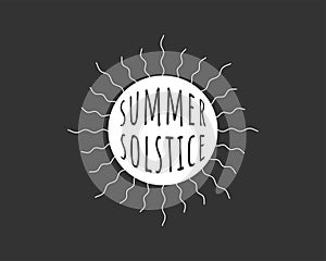 Summer solstice logo. Longest day of the year holiday logotype concept. Linear sun with inscription. Vector symbol