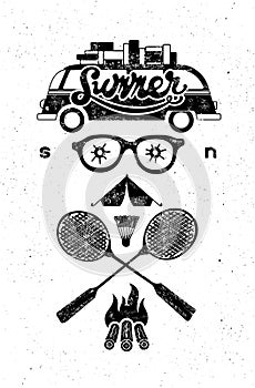 Summer soon. Typographic retro grunge poster. Black-white set of typography design elements for tourism. Vector illustration.