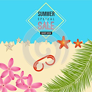 Summer special sale sea beach background with flower, sun-glass, starfish, coconut tree elements.