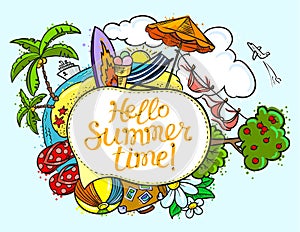 Summer speech bubble with Hello summer time lettering. Background with summer tropical beach