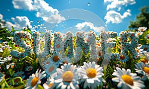 SUMMER spelled out in daisy flowers on a lush green lawn under a sunny blue sky, capturing the essence of warm, vibrant summer