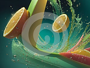 Summer Splash, Fruits Inside Water, Sea Ocean Bubbles and Colorful Balls, Circular Waves