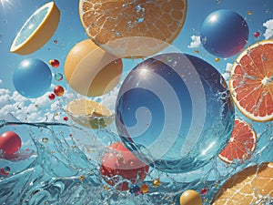 Summer Splash, Fruits Inside Water, Sea Ocean Bubbles and Colorful Balls, Summer Fun