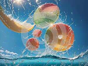 Summer Splash Fruits Inside Water, Sea Ocean Bubbles, Lemon Orange Summer Beach,