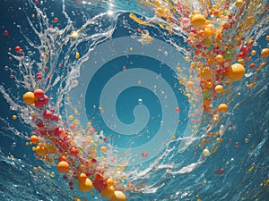 Summer Splash, Fruits Inside Water, Sea Ocean Bubbles, Summer Beach