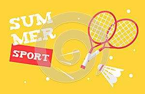 Summer sport banner with badminton rackets and shuttlecock. Flat style. Vector background